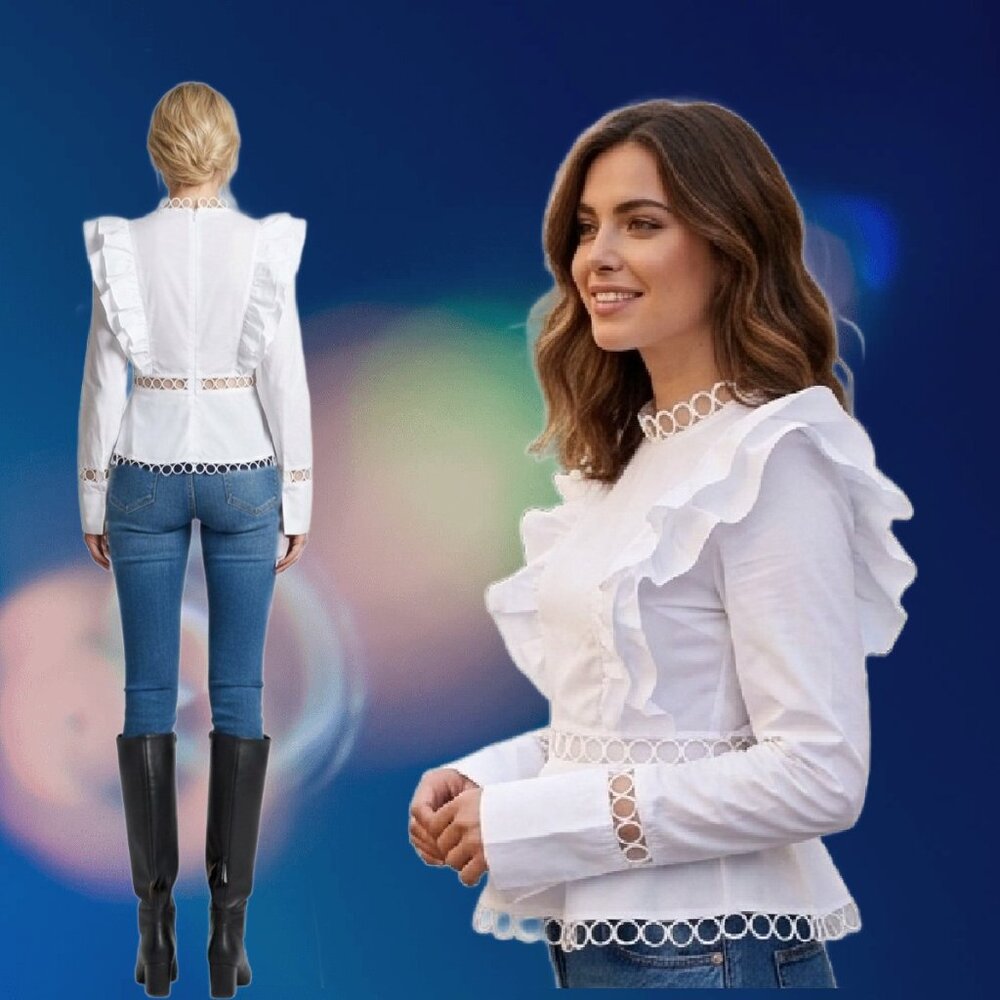 INA Large Ruffles Circular Lace Detail Peplum White Poplin Blouse Size S - XS - Picture 2 of 5